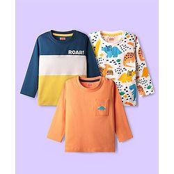 Babyhug 100% Cotton Knit Full Sleeves T-Shirts with Roar Text & Animal Print Pack of 3 - Orange & Navy Blue