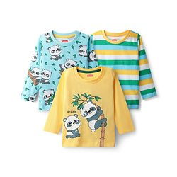 Babyhug 100% Cotton Knit Full Sleeves T-Shirts with Stripes & Panda Print Pack of 3 - Light Blue & Yellow