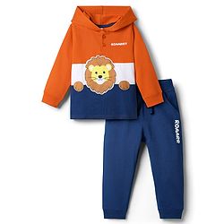 Babyhug Terry Knit Full Sleeves Hooded T-Shirt & Lounge Pant Set With Lion Patch - Orange & Navy Blue