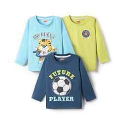 Babyhug 100% Cotton Knit Full Sleeves T-Shirt With Animal Print Pack Of 3 - Light Blue Navy Blue & Limegreen