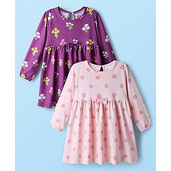 Babyhug Single Jersey Knit Full Sleeves Frock With Floral Print & Bow Applique Pack Of 2 - Purple & Pink