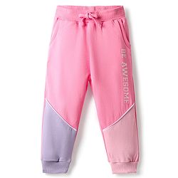 Babyhug Terry Full Length Lounge Pants with Pockets & Be Awesome Text Print - Pink