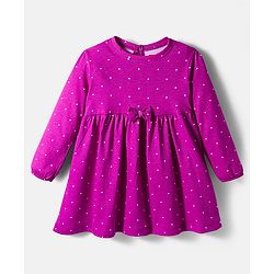 Babyhug Single Jersey Knit Full Sleeves Polka Dots Printed Frock With Leggings & Floral Sling Bag - Purple