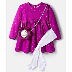 Babyhug Single Jersey Knit Full Sleeves Polka Dots Printed Frock With Leggings & Floral Sling Bag - Purple