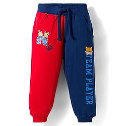 Babyhug Terry Knit Full Length Lounge Pant with Text Print - Red & Navy Blue