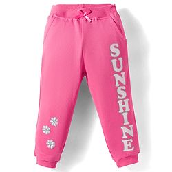Babyhug Terry Knit Full Length Lounge Pant with Text Glitter Print - Pink