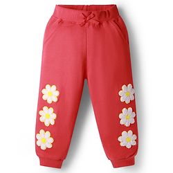 Babyhug Terry Knit Full Length Lounge Pant with Floral Embroidery - Red