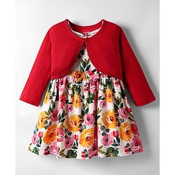 Babyhug Cotton Woven Frill Sleeves Floral Printed Frock With Bow Applique - Sea Green & Pink main image 0
