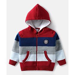 Babyhug Knit Full Sleeves Front Open Hooded Sweater With Kangaroo Pockets & Stripes - Red