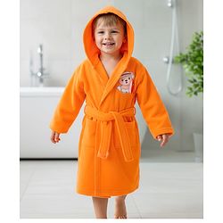 Babyhug Terry Cotton Knit Full Sleeves  Bathrobe with Hood & Bear Embroidery - Orange