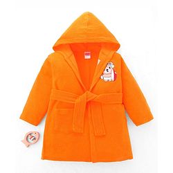 Babyhug Terry Cotton Knit Full Sleeves  Bathrobe with Hood & Bear Embroidery - Orange