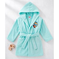 Babyhug Terry Knit Full Sleeves Hooded Bathrobe Tiger Embroidery - Aqua Blue
