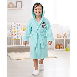 Babyhug Terry Knit Full Sleeves Hooded Bathrobe Tiger Embroidery - Aqua Blue