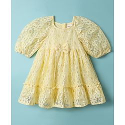 Babyhug 100% Cotton Half Raglan Sleeves Frock With Floral Design & Bow Applique - Yellow
