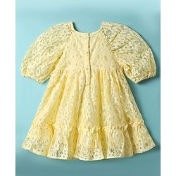 Babyhug 100% Cotton Half Raglan Sleeves Frock With Floral Design & Bow Applique - Yellow