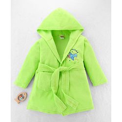 Babyhug Terry Knit Full Sleeves Hooded Bathrobe Airplane Embroidery - Light Green