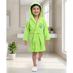 Babyhug Terry Knit Full Sleeves Hooded Bathrobe Airplane Embroidery - Light Green