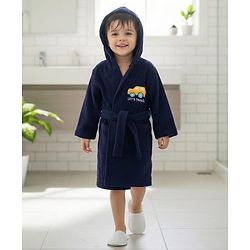 Babyhug 100% Cotton Terry Knit Full Sleeves Hooded Bathrobe With Embroidery - Navy Blue