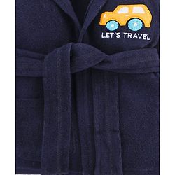 Babyhug 100% Cotton Terry Knit Full Sleeves Hooded Bathrobe With Embroidery - Navy Blue