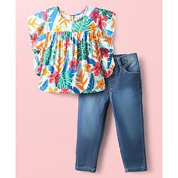 Babyhug Rayon Knit Flutter Sleeves Top & Denim Jeans Set With Floral & Leaf Print - White & Blue