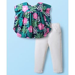 Babyhug Rayon Knit Flutter Sleeves Top & Denim Jeans Set With Floral & Leaf Print - Navy Blue & White