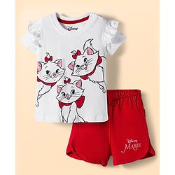 Babyhug Disney Single Jersey Knit Half Frill Sleeves T-Shirt with Shorts Set and Marie Graphic - Red & White