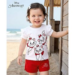 Babyhug Disney Single Jersey Knit Half Frill Sleeves T-Shirt with Shorts Set and Marie Graphic - Red & White