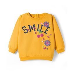 Babyhug Terry Knit Full Sleeves Top and Jeans Set With Smile Text Print - Yellow & Blue