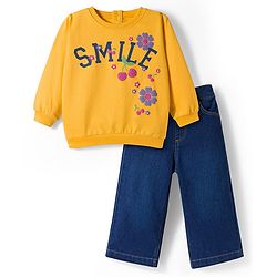 Babyhug Terry Knit Full Sleeves Top and Jeans Set With Smile Text Print - Yellow & Blue