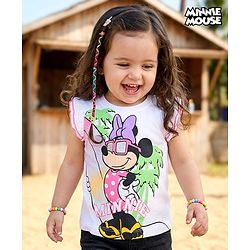 Babyhug Disney Single Jersey Knit Frill Sleeves T-Shirt with Minnie Mouse Graphics - White