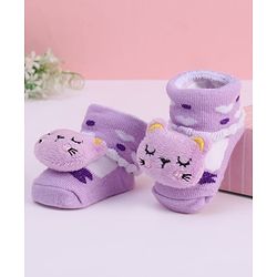 Cute Walk by Babyhug Fabric Socks With Heart Design & Cat Applique - Lavender