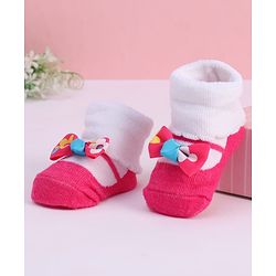 Cute Walk by Babyhug Fabric Socks With Bow Applique - Dark Pink & White
