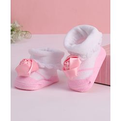 Cute Walk by Babyhug Fabric Socks With Floral Applique - White & Pink