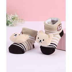 Cute Walk by Babyhug Striped Fabric Socks With Teddy Bear Applique - Beige