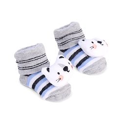 Cute Walk by Babyhug Striped Fabric Socks With Cat Applique - Grey
