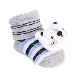 Cute Walk by Babyhug Striped Fabric Socks With Cat Applique - Grey