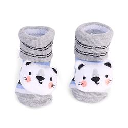 Cute Walk by Babyhug Striped Fabric Socks With Cat Applique - Grey