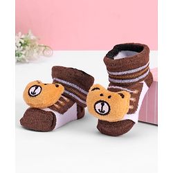 Cute Walk by Babyhug Designed Socks With Bear Applique - Brown