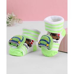 Cute Walk by Babyhug Ankle Length Sock Shoes with Vehicle Applique & Stripes - Neon Green