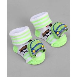 Cute Walk by Babyhug Ankle Length Sock Shoes with Vehicle Applique & Stripes - Neon Green
