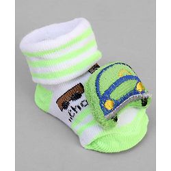 Cute Walk by Babyhug Ankle Length Sock Shoes with Vehicle Applique & Stripes - Neon Green