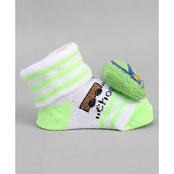 Cute Walk by Babyhug Ankle Length Sock Shoes with Vehicle Applique & Stripes - Neon Green