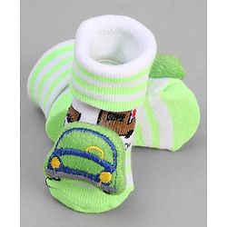 Cute Walk by Babyhug Ankle Length Sock Shoes with Vehicle Applique & Stripes - Neon Green