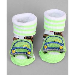 Cute Walk by Babyhug Ankle Length Sock Shoes with Vehicle Applique & Stripes - Neon Green