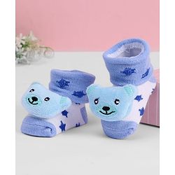 Cute Walk by Babyhug Ankle Length Sock Shoes with Star Design & Bear Applique - Light Blue