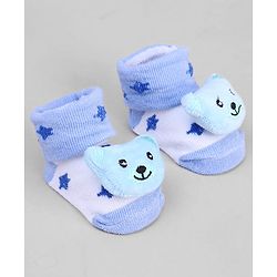 Cute Walk by Babyhug Ankle Length Sock Shoes with Star Design & Bear Applique - Light Blue