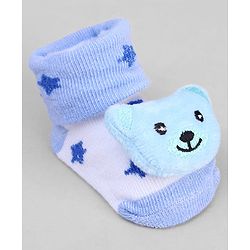 Cute Walk by Babyhug Ankle Length Sock Shoes with Star Design & Bear Applique - Light Blue