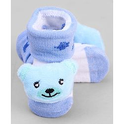 Cute Walk by Babyhug Ankle Length Sock Shoes with Star Design & Bear Applique - Light Blue