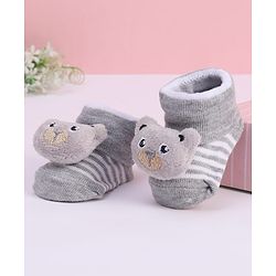 Cute Walk by Babyhug Striped Fabric Socks With Teddy Bear Applique - Grey