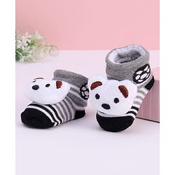 Cute Walk by Babyhug Striped Fabric Socks With Animal Applique - Grey